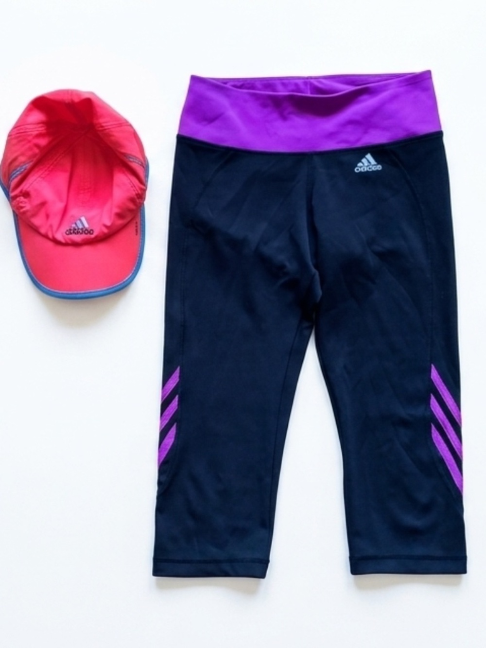 Adidas Climalite Black & Purple Capri Running Tights - Size M and Hat